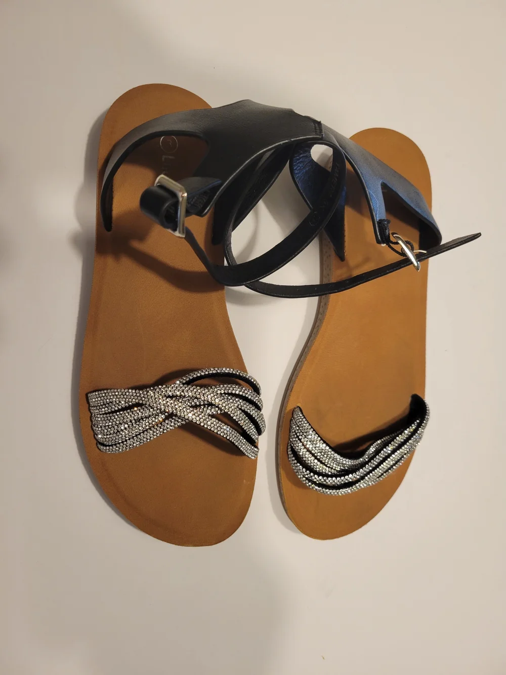 Crystal-Strap Ankle-Sandal in Black and Tan Girls Size 3